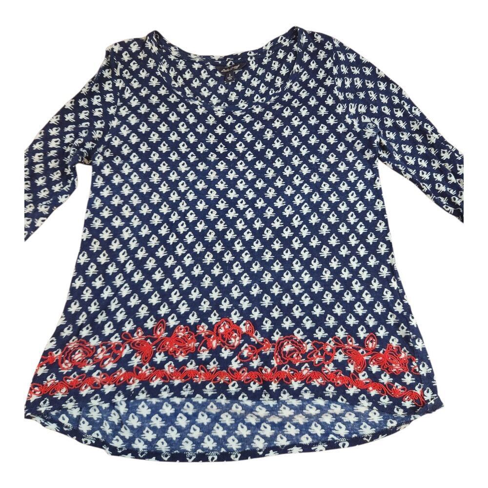 Lucky Brand top sz small embroidered floral blue red white coastal beach